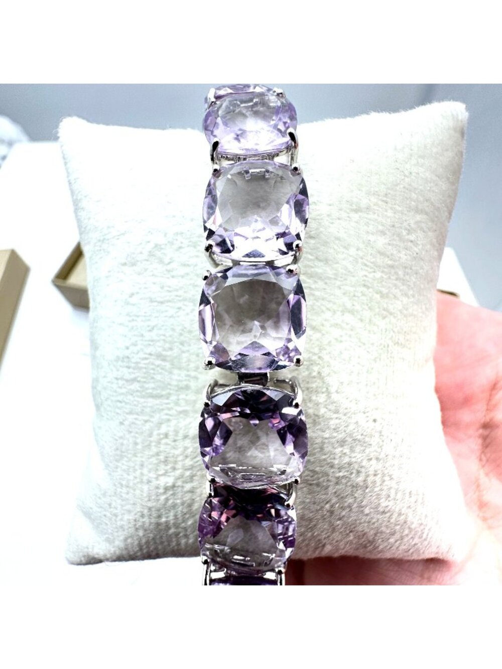 Brazilian Orchid Amethyst Sterling Silver Bracelet 82 Carats Cushion Cut Checker